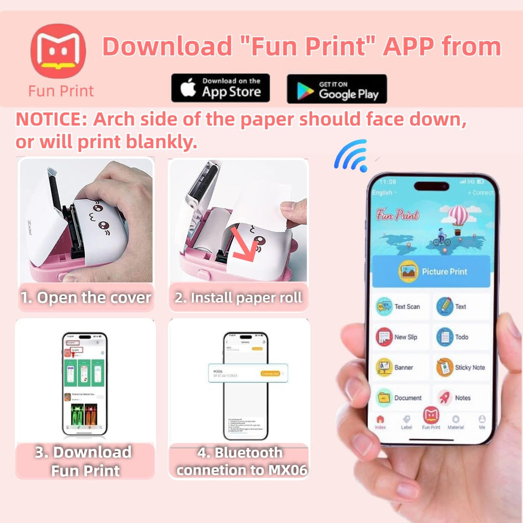 ZEITEL® Mini Bluetooth Thermal Printer, Portable Label Printer Inkfree Printer for Android & iOS System, Black on White Thermal Printer with 13 Roll of Print Paper, Stickers, Blue