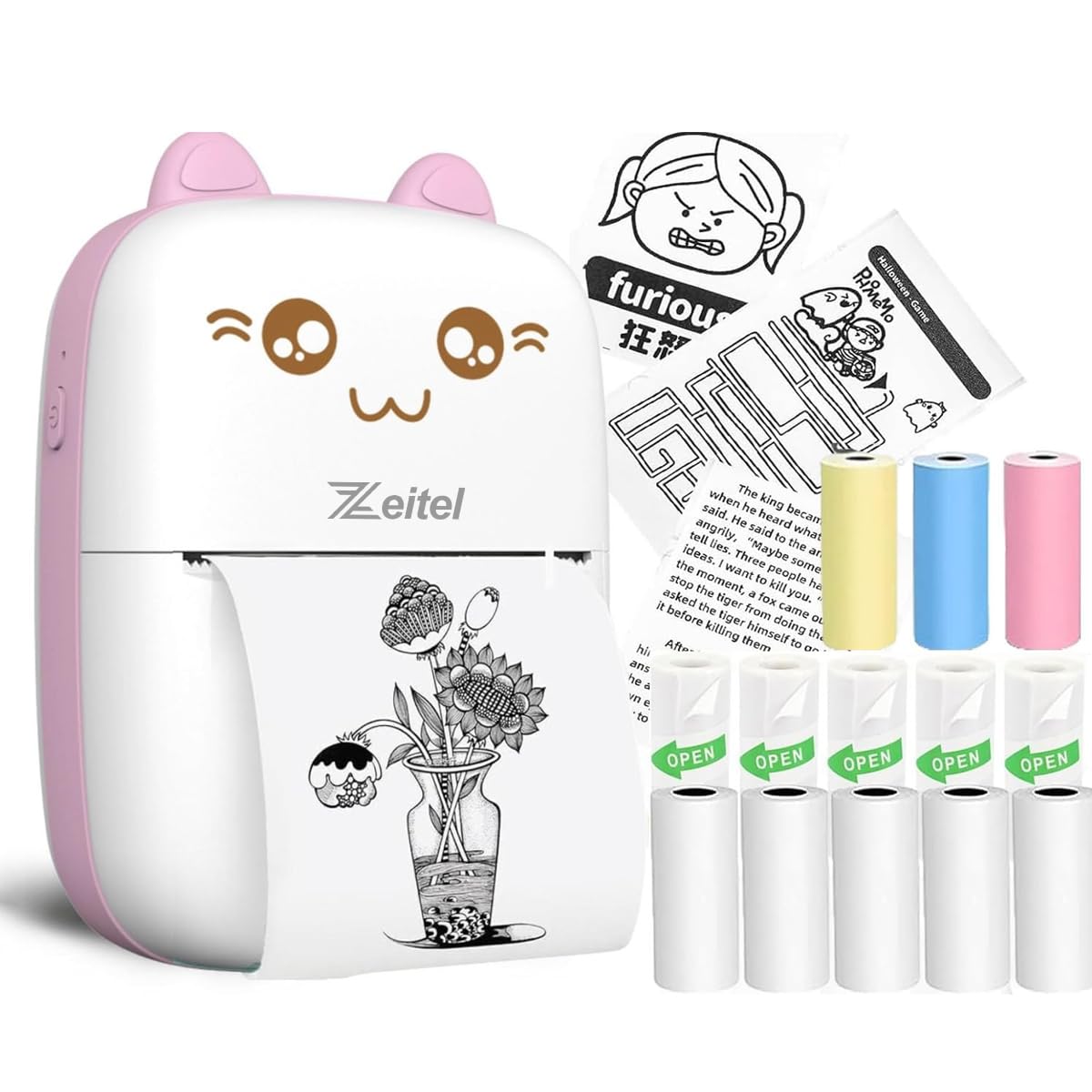 ZEITEL® Mini Bluetooth Thermal Printer, Portable Label Printer Inkfree Printer for Android & iOS System, Black on White Thermal Printer with 13 Roll of Print Paper, Stickers, Blue