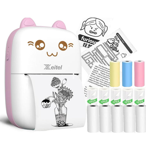ZEITEL® Mini Bluetooth Thermal Printer, Portable Label Printer Inkfree Printer for Android & iOS System, Black on White Thermal Printer with 13 Roll of Print Paper, Stickers, Blue