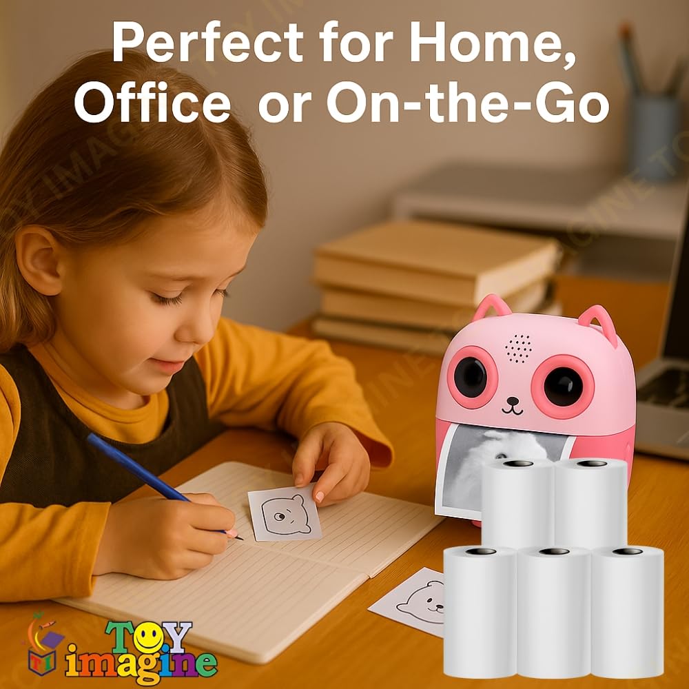 Toy Imagine Mini Portable Thermal Printer – Bluetooth Pocket Printer for Kids & Adults, 57mm Inkless Photo & Label Printer with (1 Roll + 1 Extra Roll) Prints B&W Notes & Stickers (Assorted)