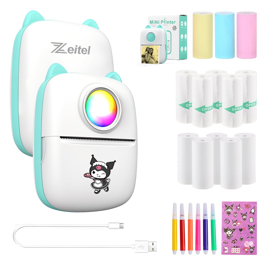 ZEITEL® Mini Bluetooth Thermal Printer, Portable Label Printer Inkfree Printer for Android & iOS System, Black on White Thermal Printer with 13 Roll of Print Paper, Stickers, Blue