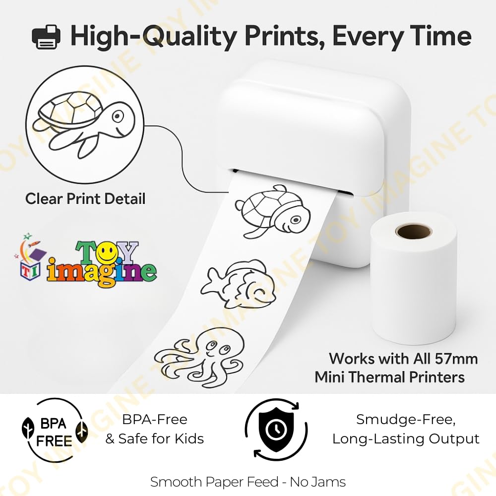 Toy Imagine Mini Portable Thermal Printer – Bluetooth Pocket Printer for Kids & Adults, 57mm Inkless Photo & Label Printer with (1 Roll + 1 Extra Roll) Prints B&W Notes & Stickers (Assorted)