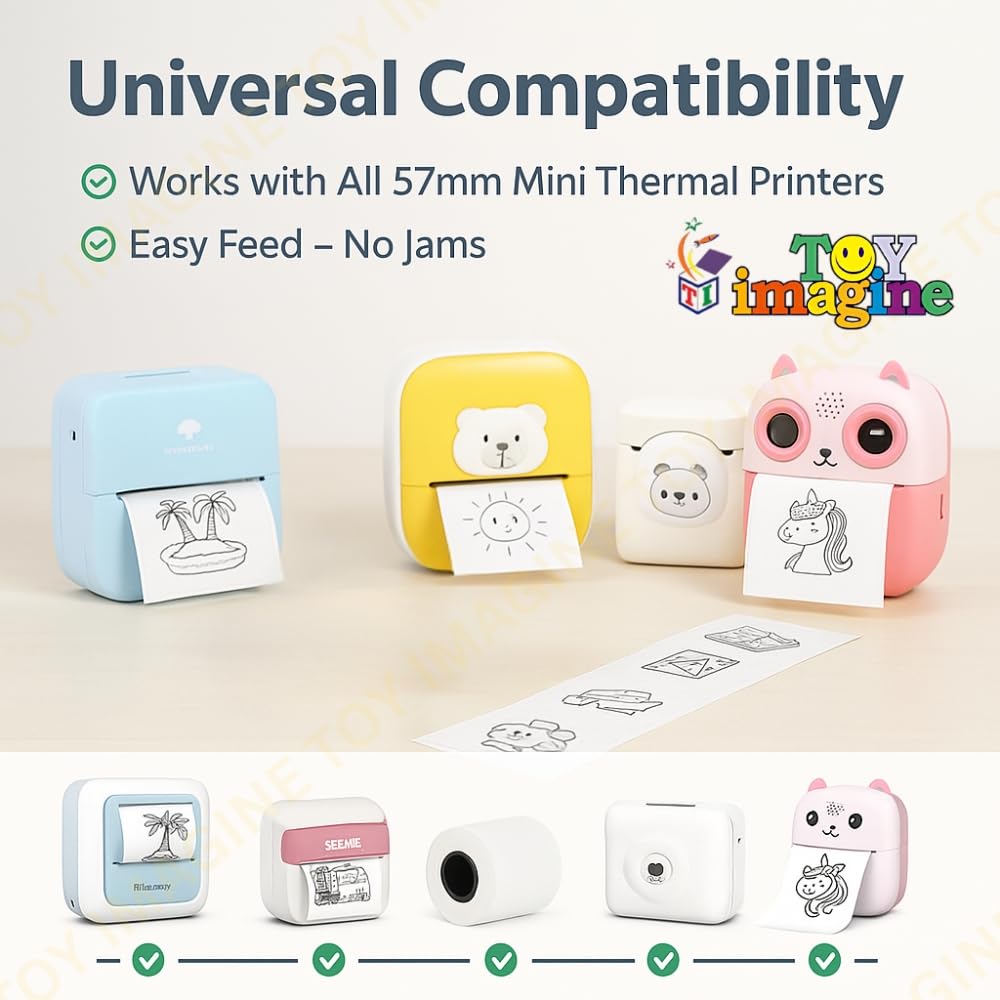 Toy Imagine Mini Portable Thermal Printer – Bluetooth Pocket Printer for Kids & Adults, 57mm Inkless Photo & Label Printer with (1 Roll + 1 Extra Roll) Prints B&W Notes & Stickers (Assorted)