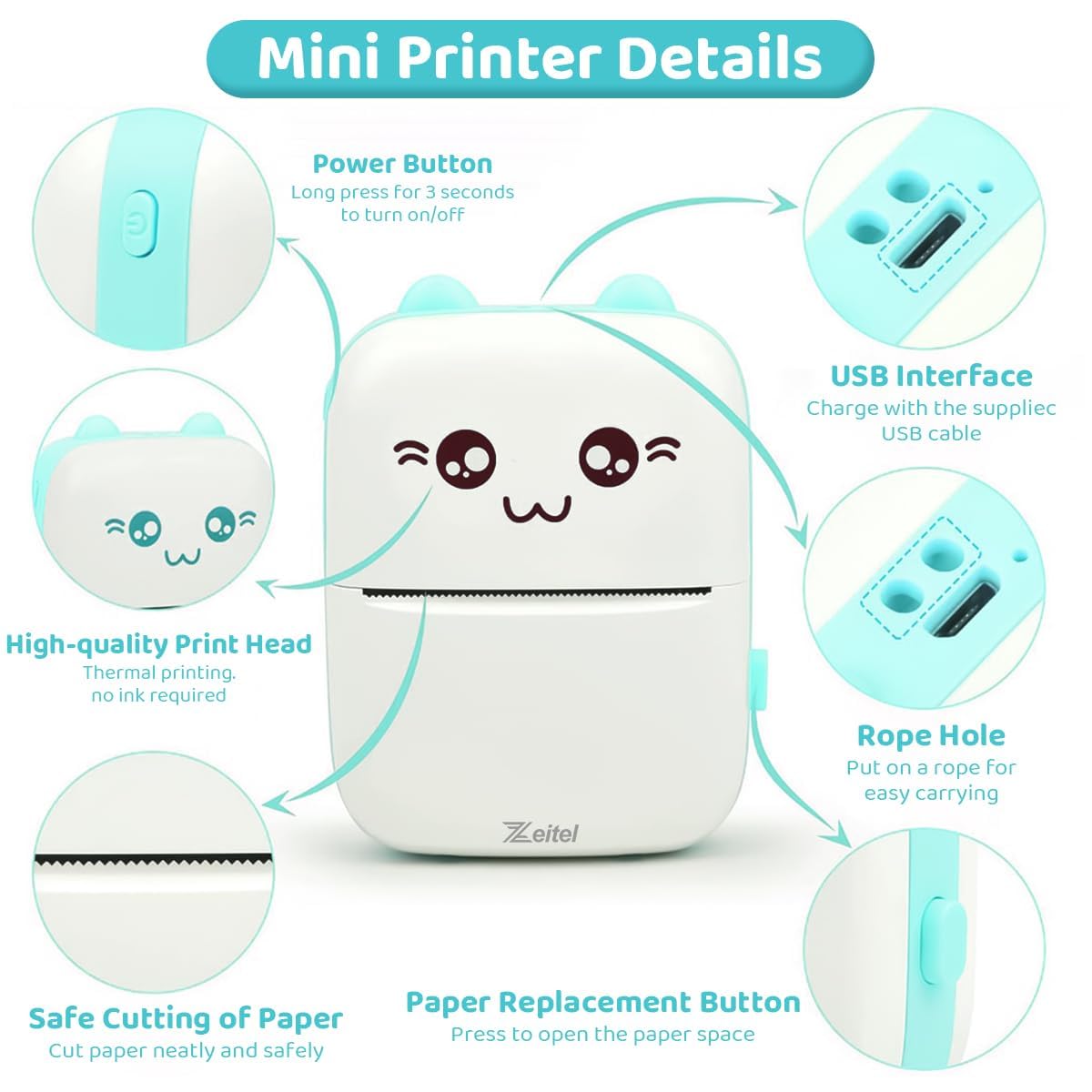 ZEITEL® Mini Bluetooth Thermal Printer, Portable Label Printer Inkfree Printer for Android & iOS System, Black on White Thermal Printer with 13 Roll of Print Paper, Stickers, Blue