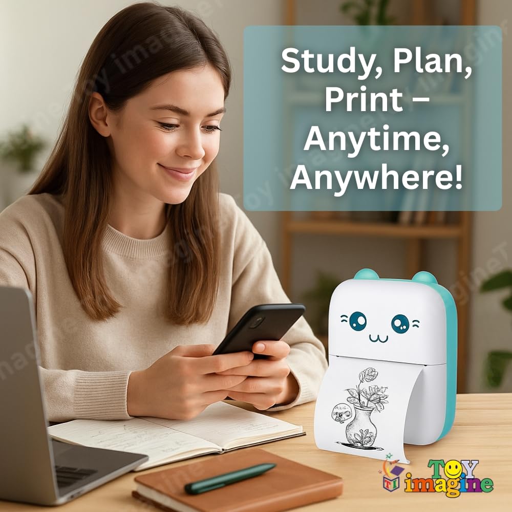 Toy Imagine Mini Portable Thermal Printer – Bluetooth Pocket Printer for Kids & Adults, 57mm Inkless Photo & Label Printer with (1 Roll + 1 Extra Roll) Prints B&W Notes & Stickers (Assorted)