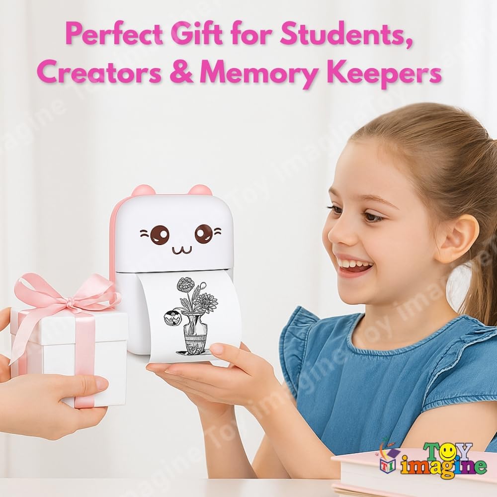 Toy Imagine Mini Portable Thermal Printer – Bluetooth Pocket Printer for Kids & Adults, 57mm Inkless Photo & Label Printer with (1 Roll + 1 Extra Roll) Prints B&W Notes & Stickers (Assorted)