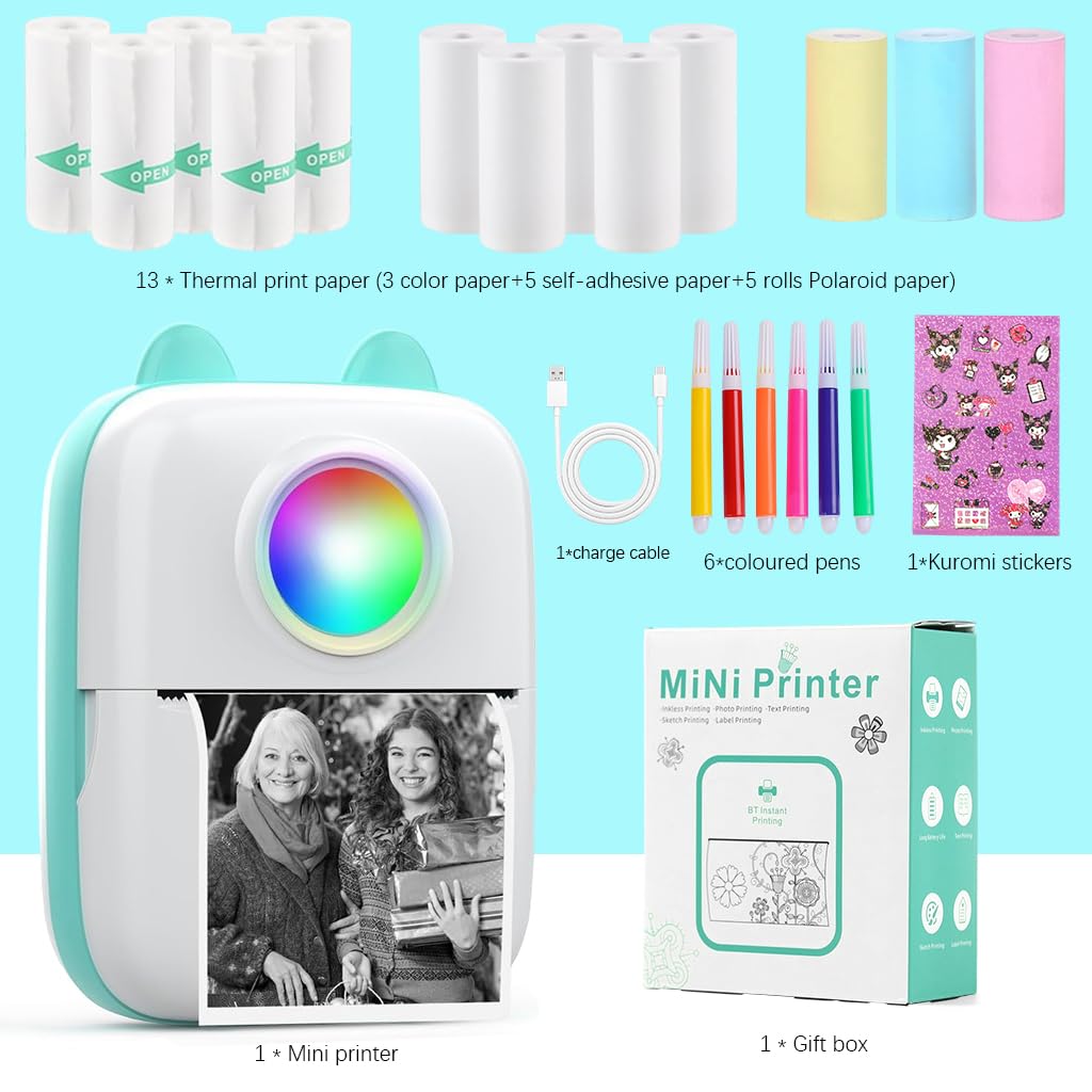 ZEITEL® Mini Bluetooth Thermal Printer, Portable Label Printer Inkfree Printer for Android & iOS System, Black on White Thermal Printer with 13 Roll of Print Paper, Stickers, Blue