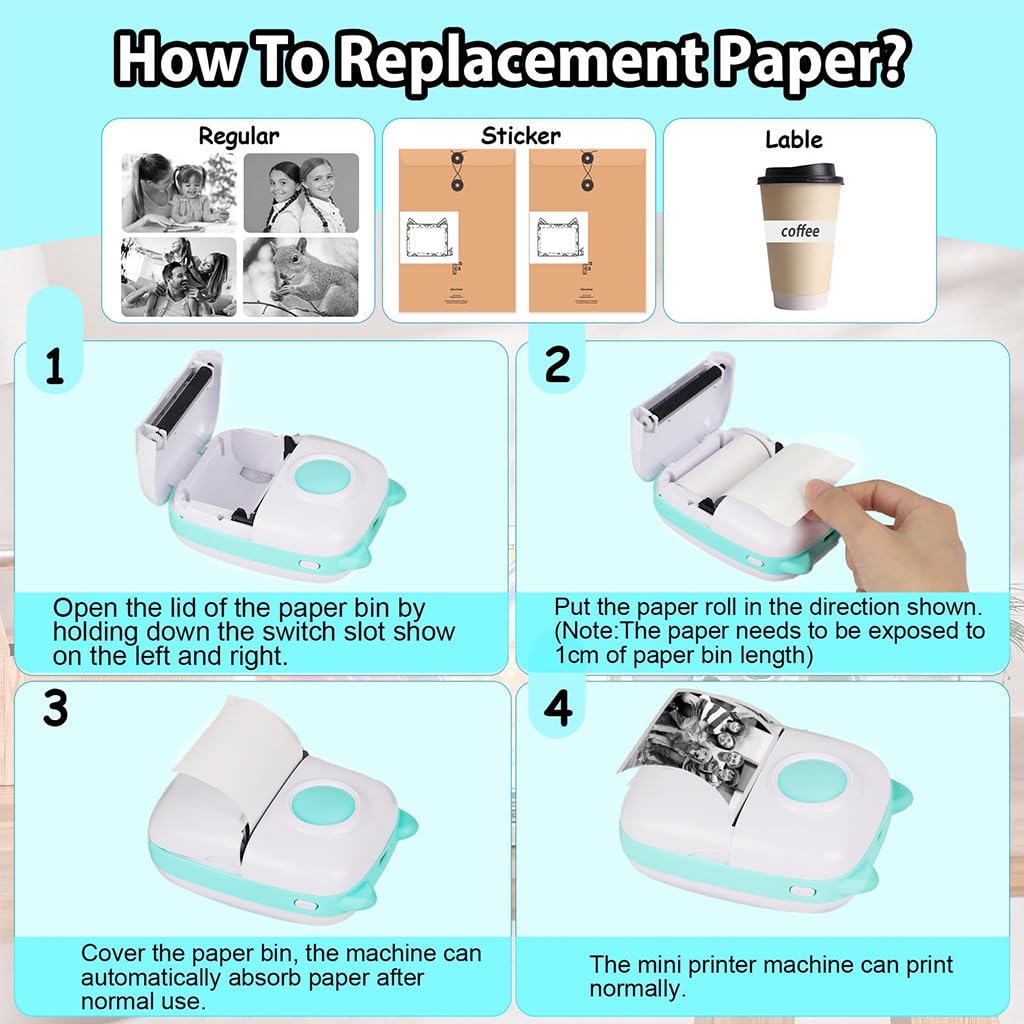 ZEITEL® Mini Bluetooth Thermal Printer, Portable Label Printer Inkfree Printer for Android & iOS System, Black on White Thermal Printer with 13 Roll of Print Paper, Stickers, Blue
