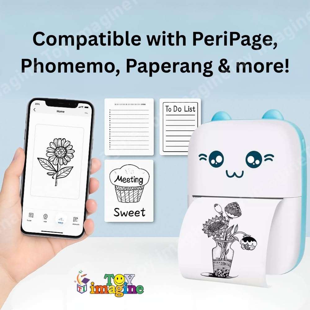 Toy Imagine Mini Portable Thermal Printer – Bluetooth Pocket Printer for Kids & Adults, 57mm Inkless Photo & Label Printer with (1 Roll + 1 Extra Roll) Prints B&W Notes & Stickers (Assorted)