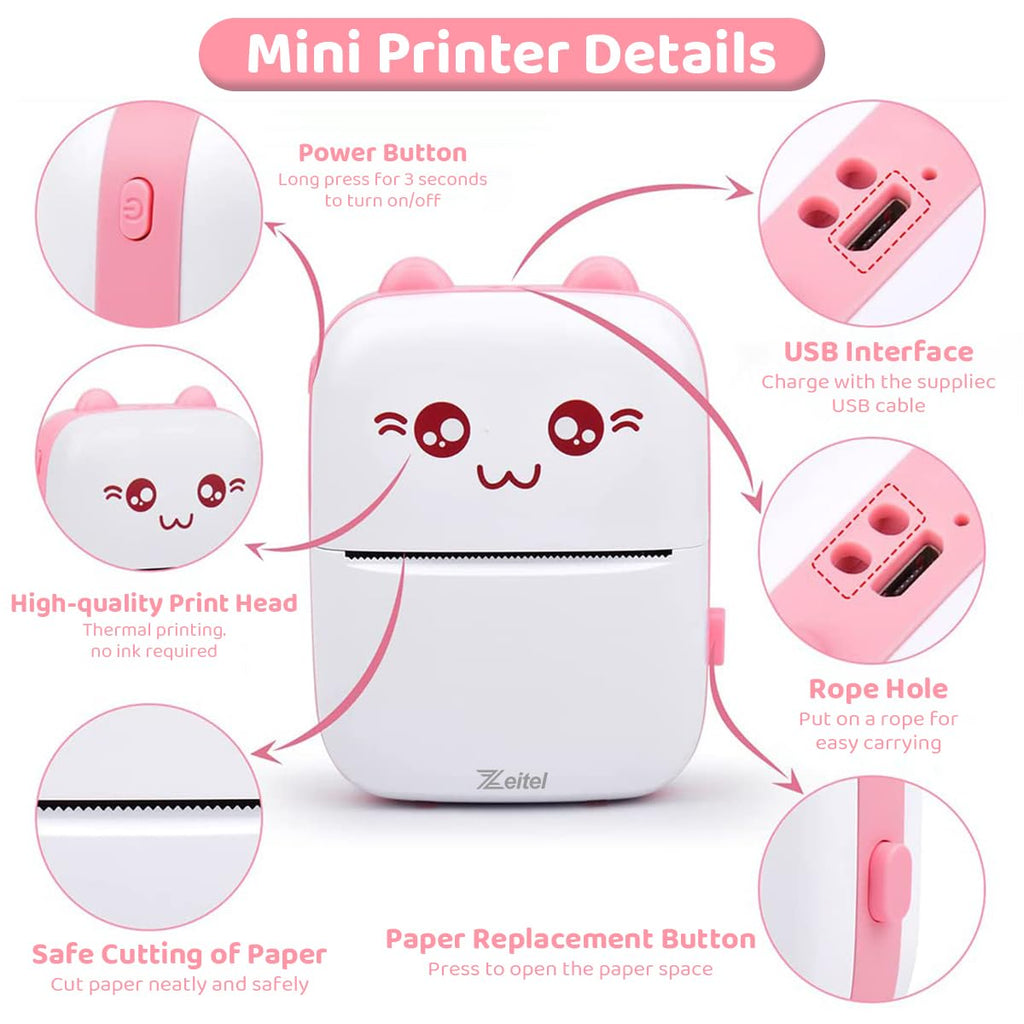 ZEITEL® Mini Bluetooth Thermal Printer, Portable Label Printer Inkfree Printer for Android & iOS System, Black on White Thermal Printer with 13 Roll of Print Paper, Stickers, Blue