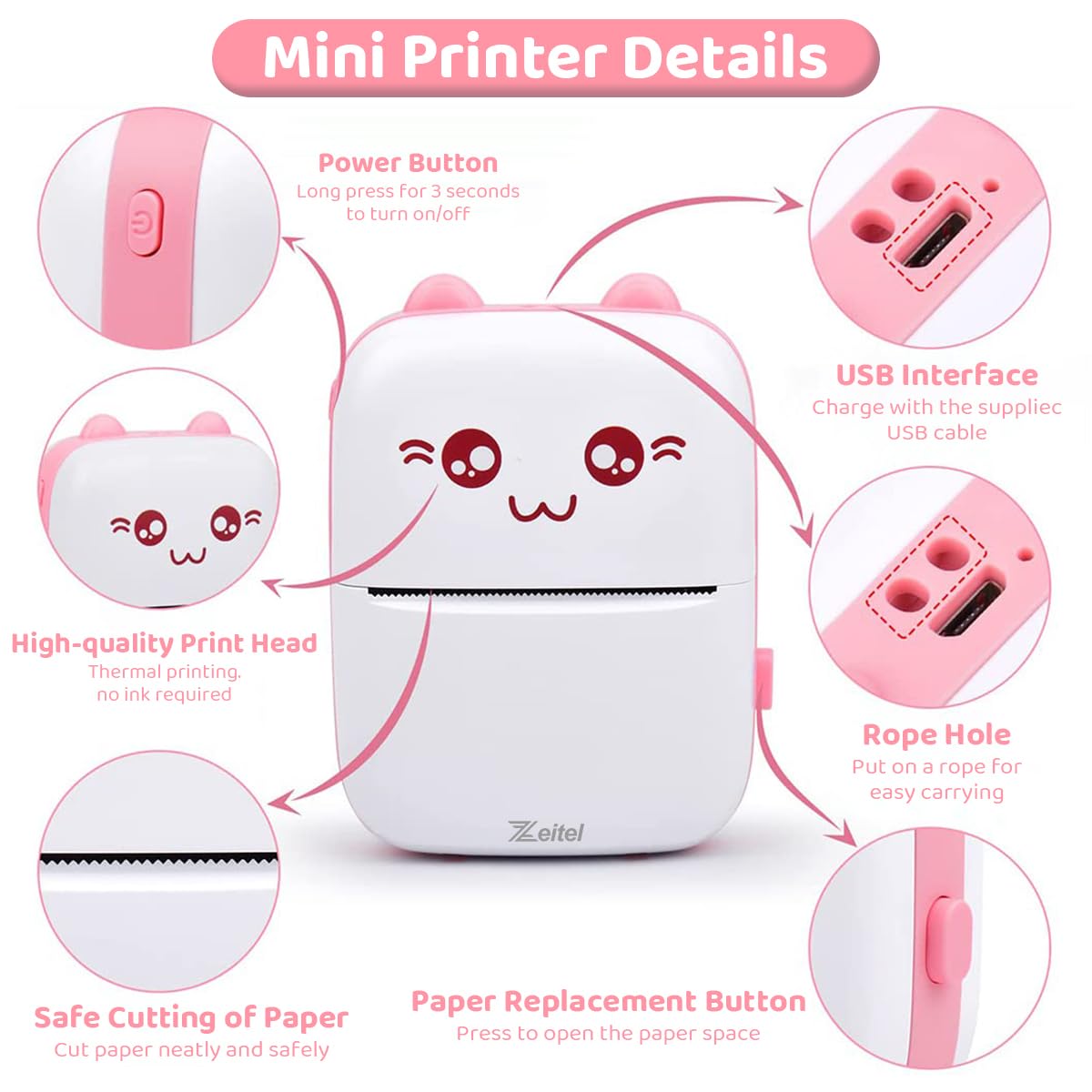 ZEITEL® Mini Bluetooth Thermal Printer, Portable Label Printer Inkfree Printer for Android & iOS System, Black on White Thermal Printer with 13 Roll of Print Paper, Stickers, Blue