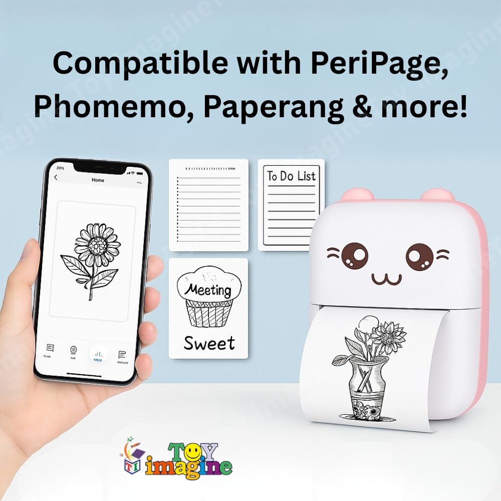 Toy Imagine Mini Portable Thermal Printer – Bluetooth Pocket Printer for Kids & Adults, 57mm Inkless Photo & Label Printer with (1 Roll + 1 Extra Roll) Prints B&W Notes & Stickers (Assorted)