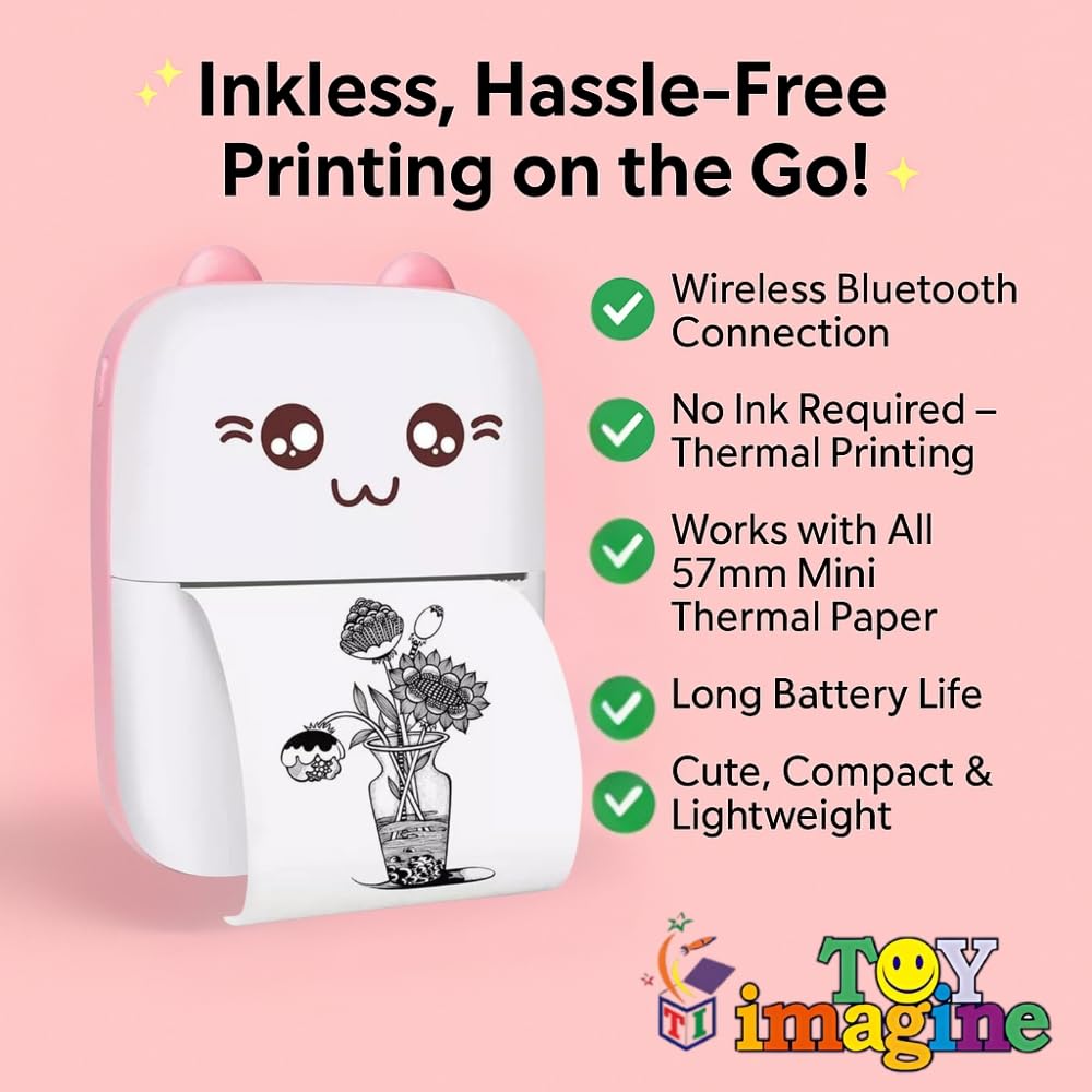 Toy Imagine Mini Portable Thermal Printer – Bluetooth Pocket Printer for Kids & Adults, 57mm Inkless Photo & Label Printer with (1 Roll + 1 Extra Roll) Prints B&W Notes & Stickers (Assorted)