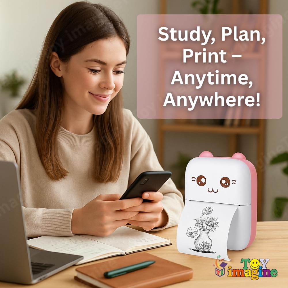 Toy Imagine Mini Portable Thermal Printer – Bluetooth Pocket Printer for Kids & Adults, 57mm Inkless Photo & Label Printer with (1 Roll + 1 Extra Roll) Prints B&W Notes & Stickers (Assorted)