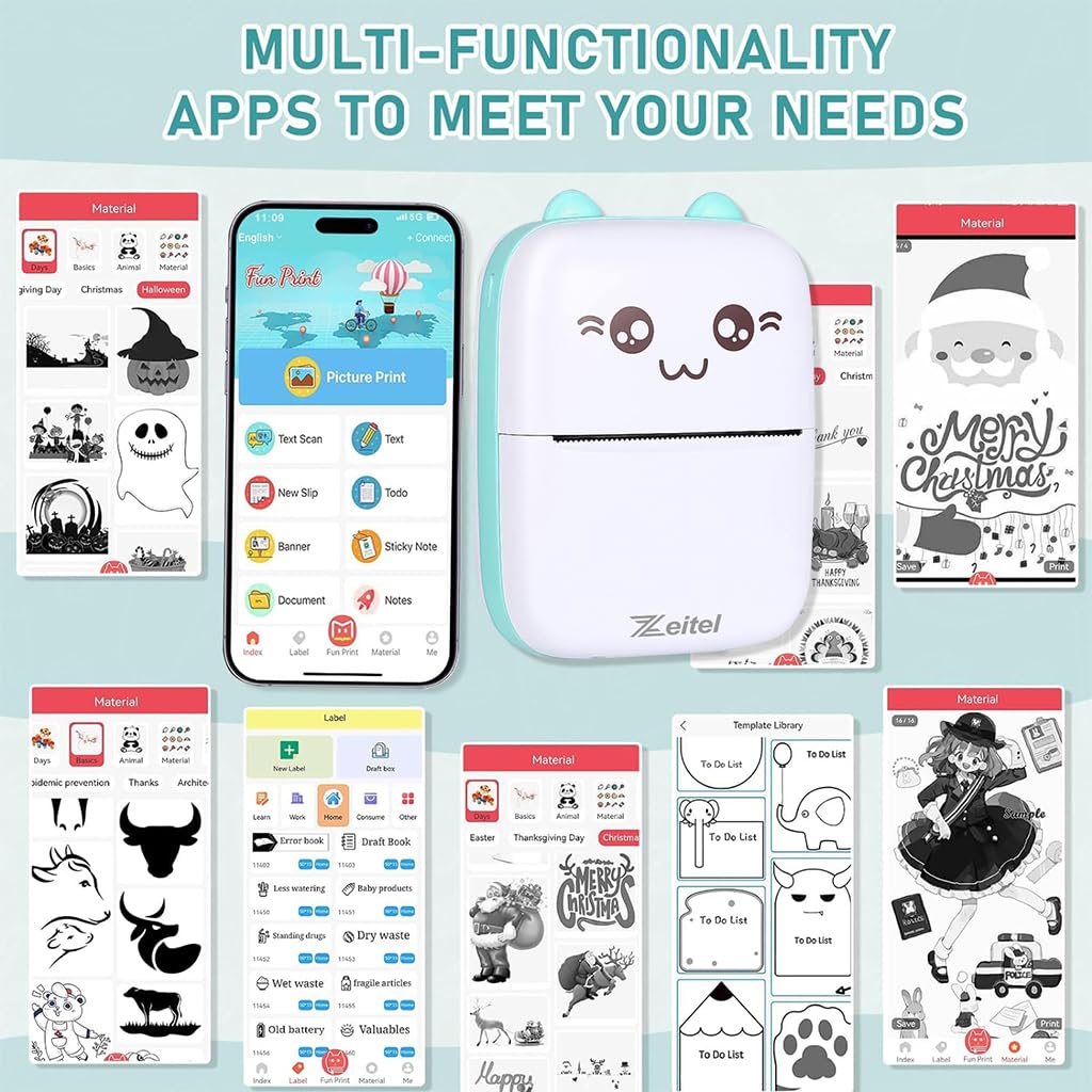 ZEITEL® Mini Bluetooth Thermal Printer, Portable Label Printer Inkfree Printer for Android & iOS System, Black on White Thermal Printer with 13 Roll of Print Paper, Stickers, Blue