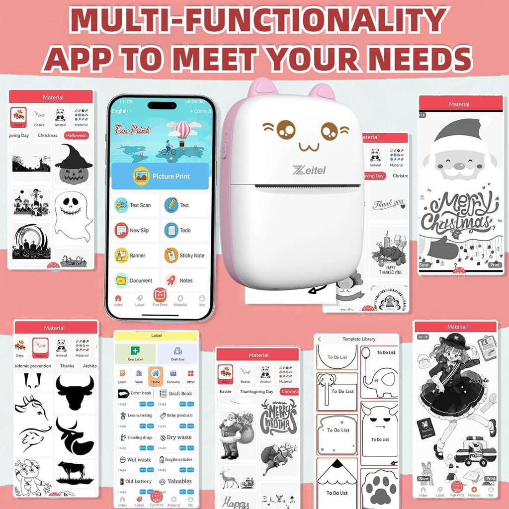 ZEITEL® Mini Bluetooth Thermal Printer, Portable Label Printer Inkfree Printer for Android & iOS System, Black on White Thermal Printer with 13 Roll of Print Paper, Stickers, Blue