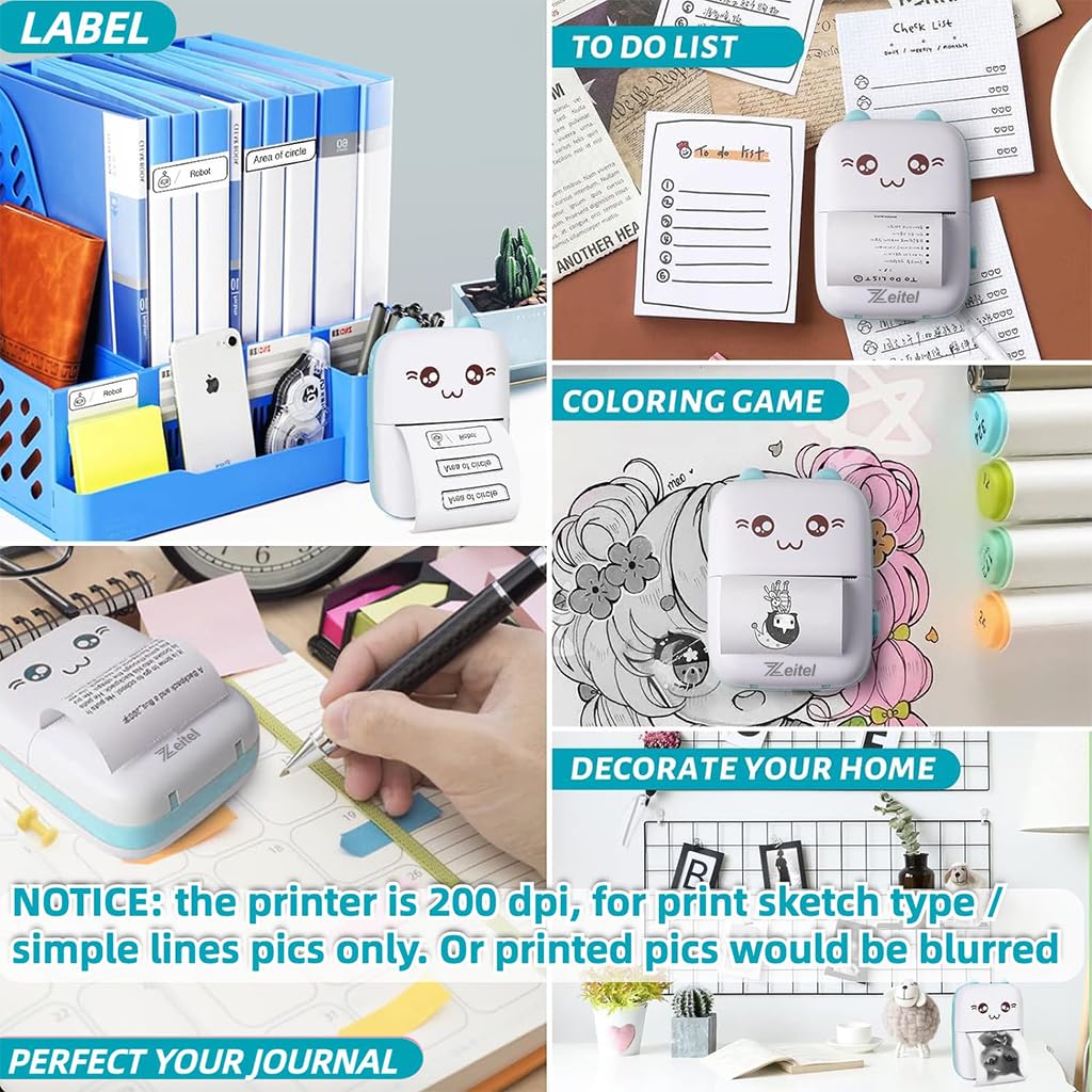 ZEITEL® Mini Bluetooth Thermal Printer, Portable Label Printer Inkfree Printer for Android & iOS System, Black on White Thermal Printer with 13 Roll of Print Paper, Stickers, Blue