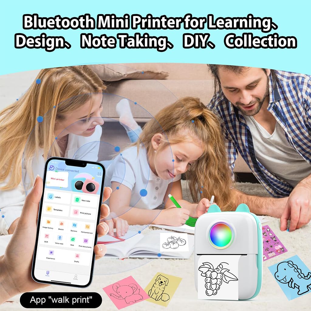 ZEITEL® Mini Bluetooth Thermal Printer, Portable Label Printer Inkfree Printer for Android & iOS System, Black on White Thermal Printer with 13 Roll of Print Paper, Stickers, Blue