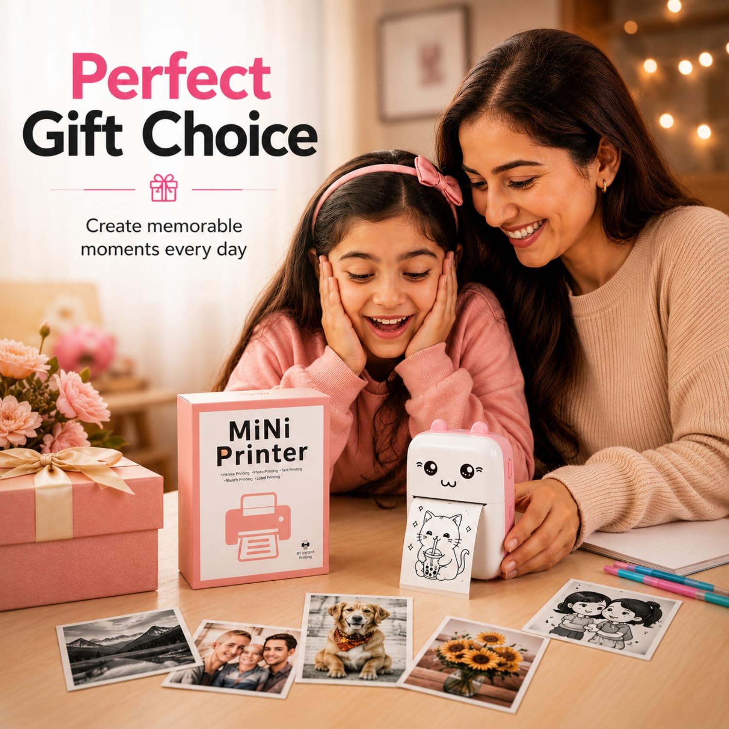 Toy Imagine Mini Portable Thermal Printer – Bluetooth Pocket Printer for Kids & Adults, 57mm Inkless Photo & Label Printer with (1 Roll + 1 Extra Roll) Prints B&W Notes & Stickers (Assorted)
