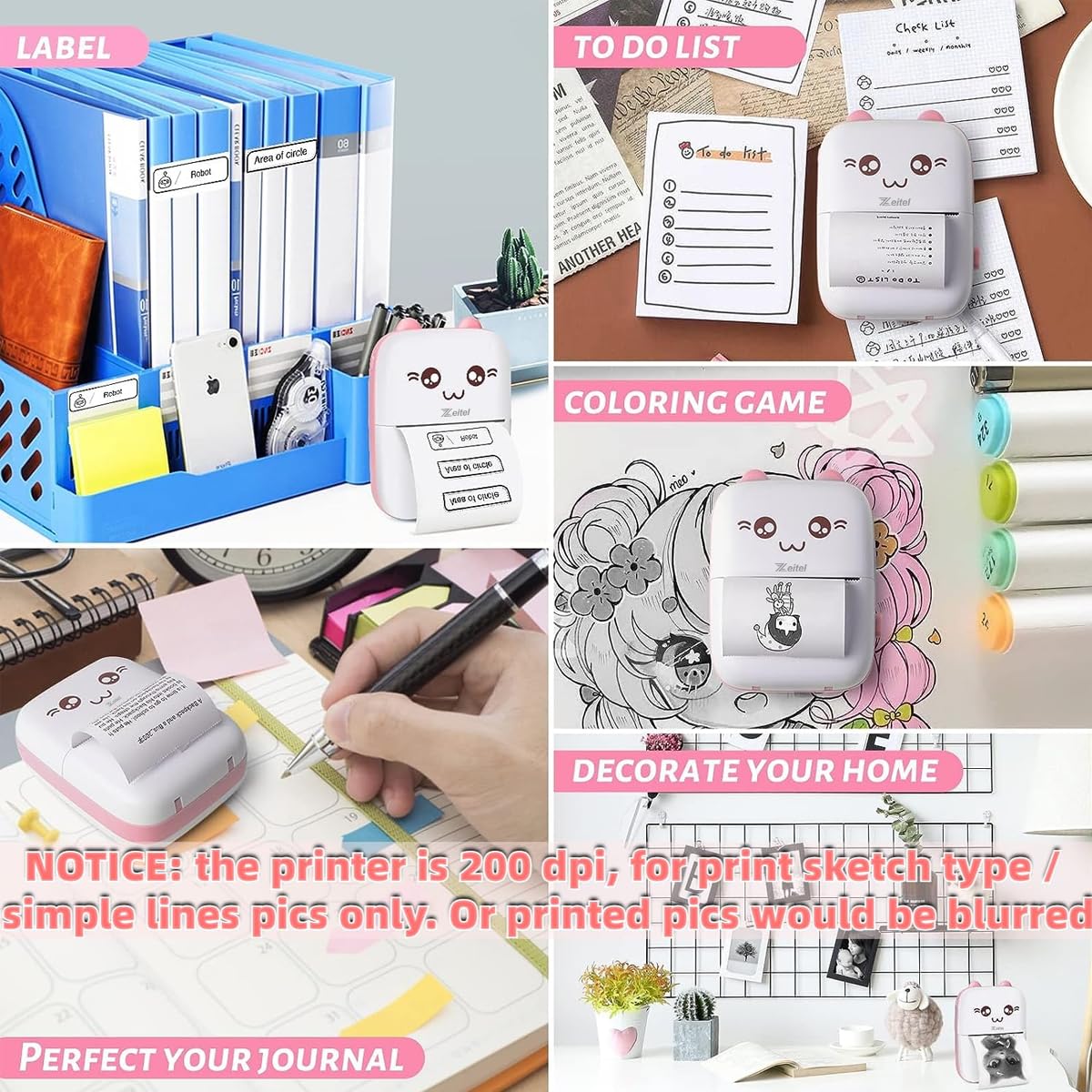 ZEITEL® Mini Bluetooth Thermal Printer, Portable Label Printer Inkfree Printer for Android & iOS System, Black on White Thermal Printer with 13 Roll of Print Paper, Stickers, Blue