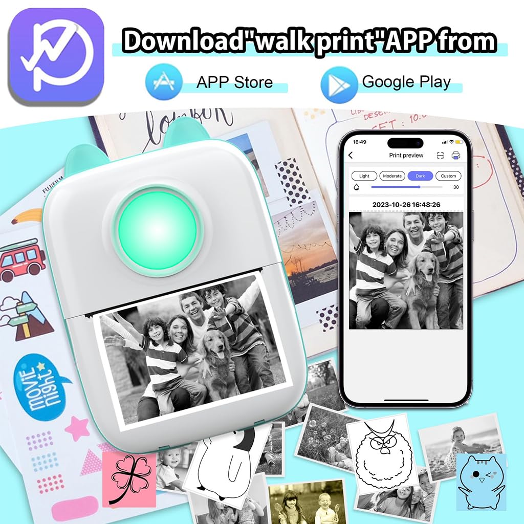 ZEITEL® Mini Bluetooth Thermal Printer, Portable Label Printer Inkfree Printer for Android & iOS System, Black on White Thermal Printer with 13 Roll of Print Paper, Stickers, Blue