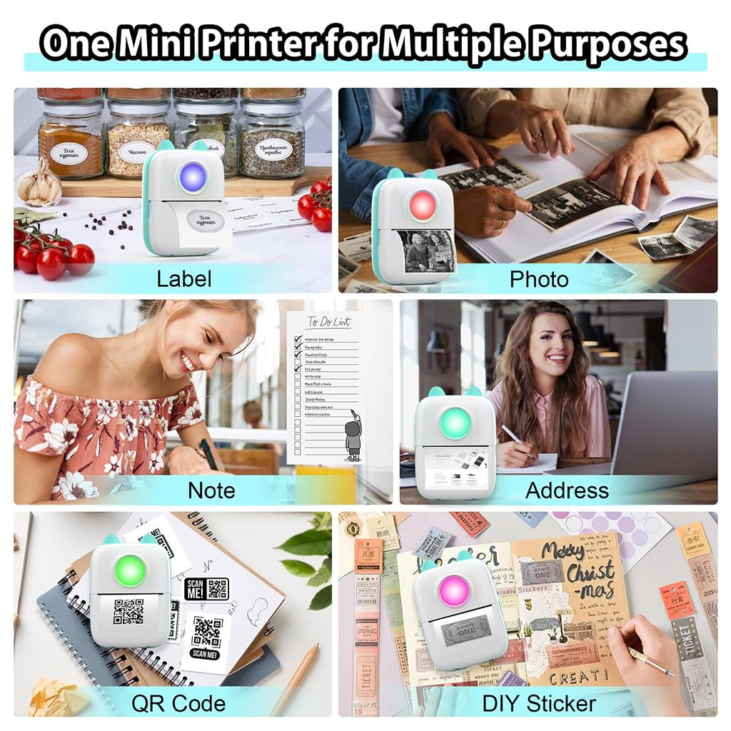 ZEITEL® Mini Bluetooth Thermal Printer, Portable Label Printer Inkfree Printer for Android & iOS System, Black on White Thermal Printer with 13 Roll of Print Paper, Stickers, Blue
