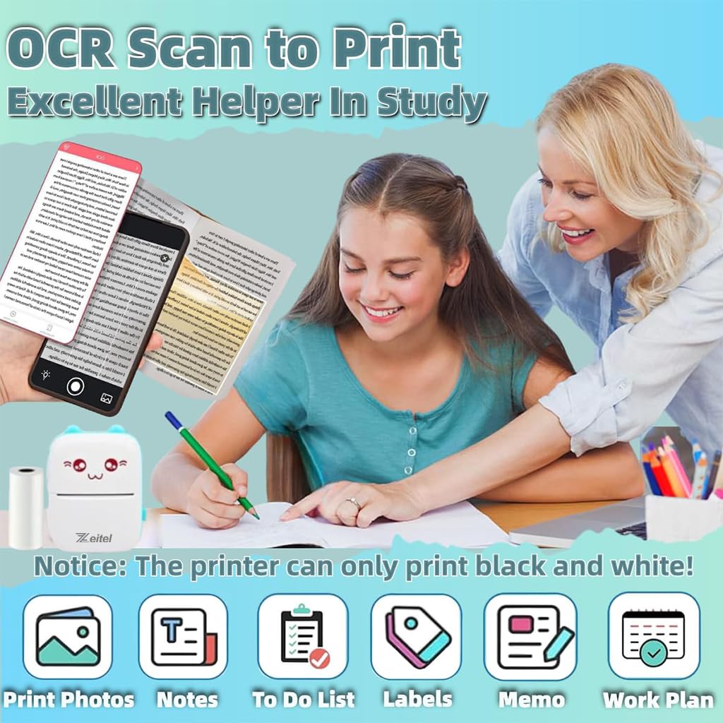 ZEITEL® Mini Bluetooth Thermal Printer, Portable Label Printer Inkfree Printer for Android & iOS System, Black on White Thermal Printer with 13 Roll of Print Paper, Stickers, Blue